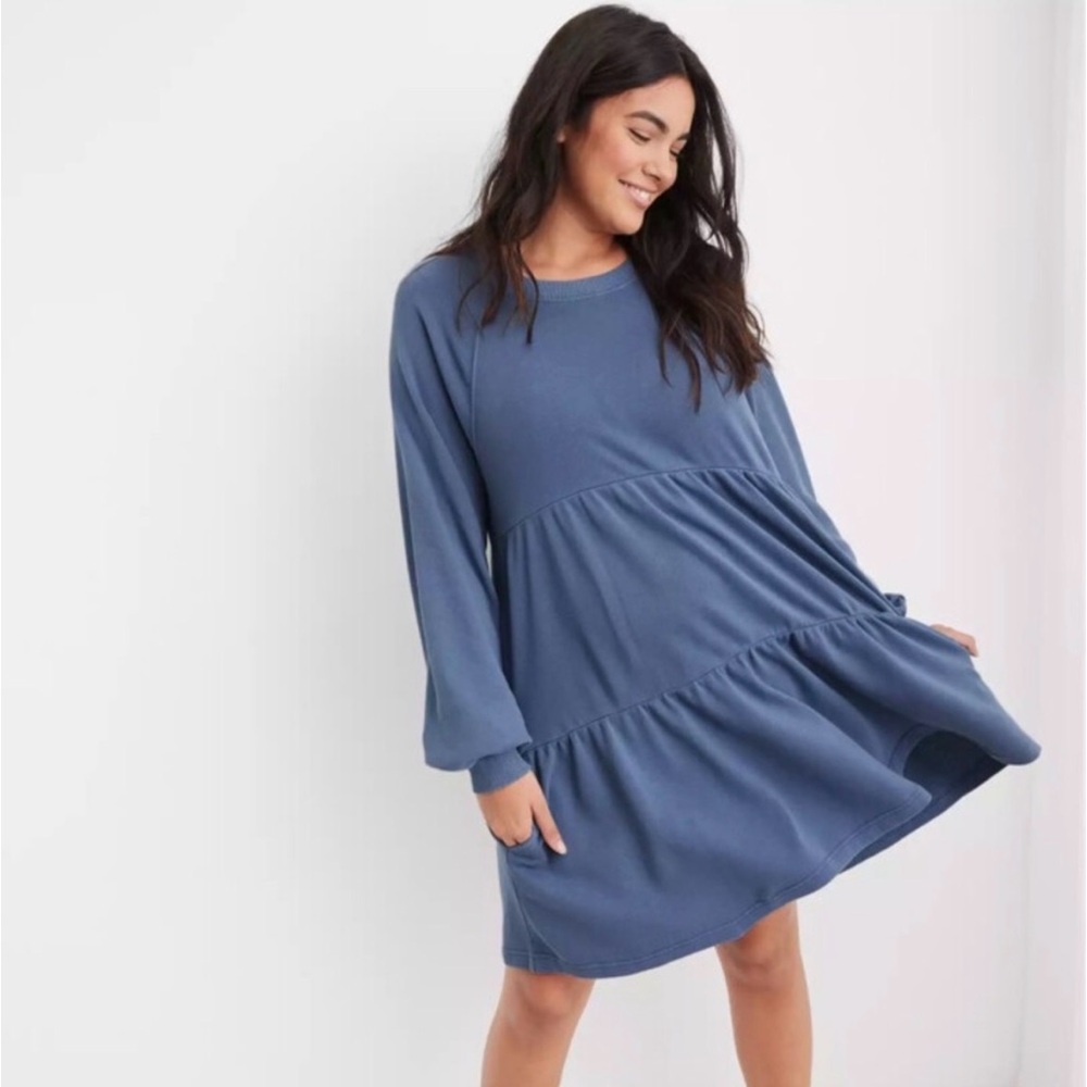 Aerie Women’s Weekend Tiered Dress Long‎ Sleeve 100% Cotton Cornflower Blue XS